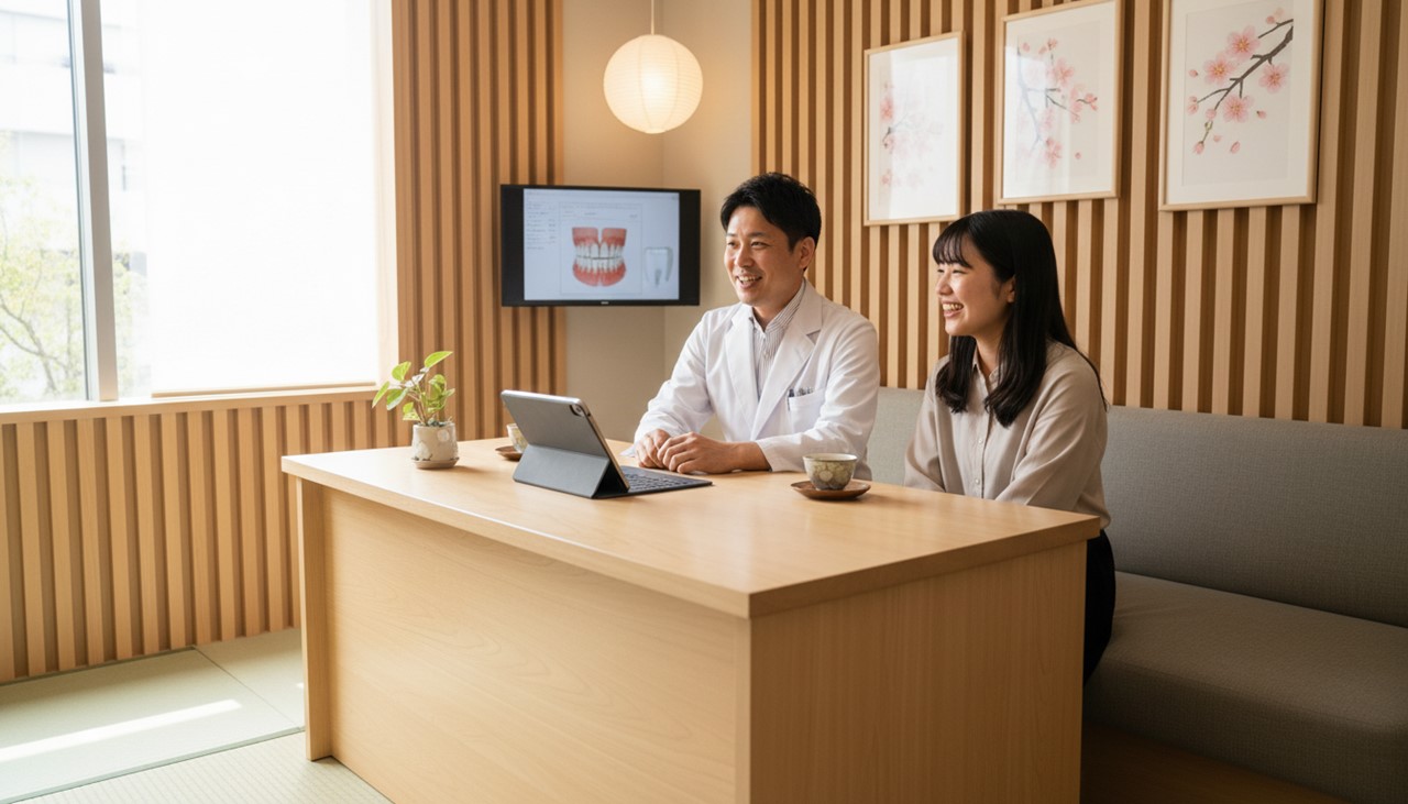 小児矯正の相談を受ける親子