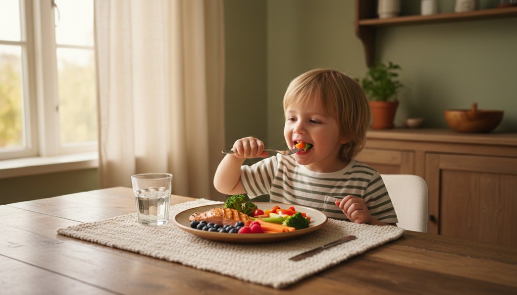 子どもが正しい姿勢で食事をしている様子・不正咬合予防の取り組み